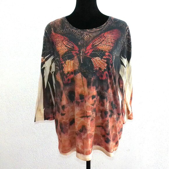 Orange/black/yellow butterfly blouse, with tiny studs design - Picture 1 of 8